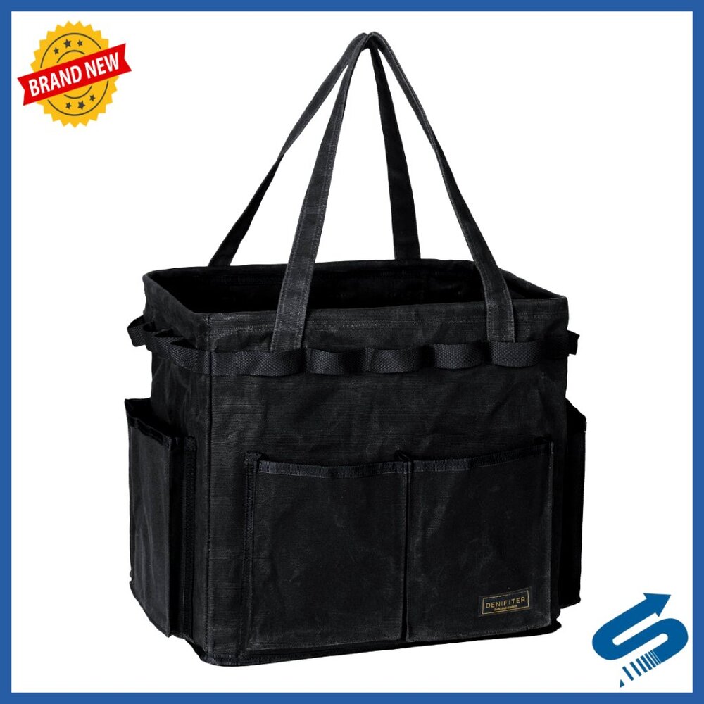 Waxed Canvas Tool Tote Foldable Organizer Metal Frame 6 Pockets Durable